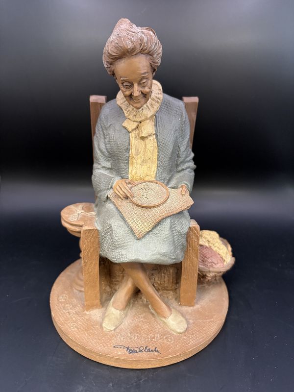 Sculpted Figure. USA. Tom Clark. Rebecca. Signed. Woman in Blue Dress, Doing Embroidery. 1987. 8.25&quot;H