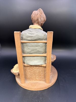 Sculpted Figure. USA. Tom Clark. Rebecca. Signed. Woman in Blue Dress, Doing Embroidery. 1987. 8.25"H
