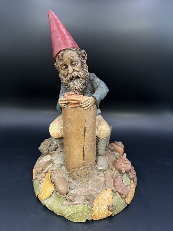 Sculpted Figure. USA. Tom Clark. Potter. Gnome Sculpting a Coil Clay Pot. 1992. 8&quot;H
