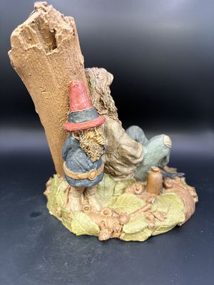 Sculpted Figure. USA. Tom Clark. Rip Van Winkle. Man Sleeping Against Tree; Henrick Gnome behind Tree. 1986. 6.75"H