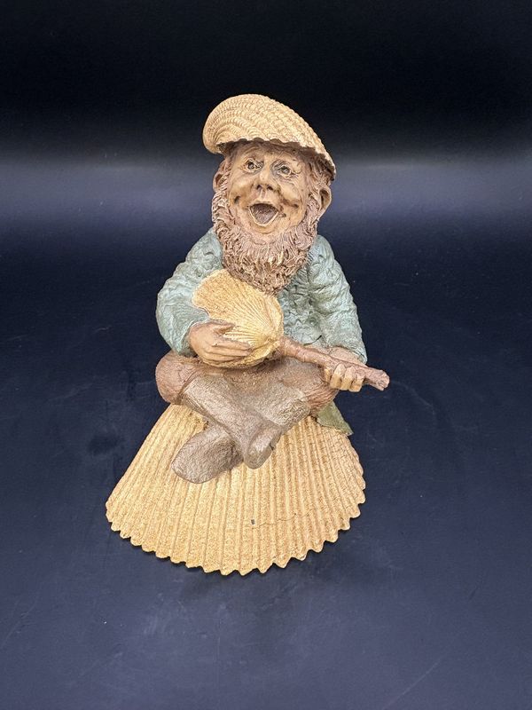 Sculpted Figure. USA. Tom Clark. Signed. Jacques. Man Sitting on Shell &amp; Playing Shell Guitar. 1985. 4.5&quot;H