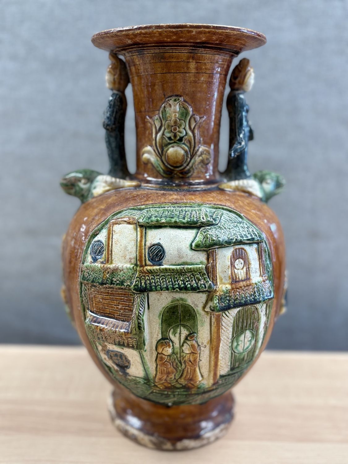 Pottery. China. Vase. Antique Chinese Tang Sancai Glazed Vase. Brown, Green, &amp; Beige. 15&quot;H