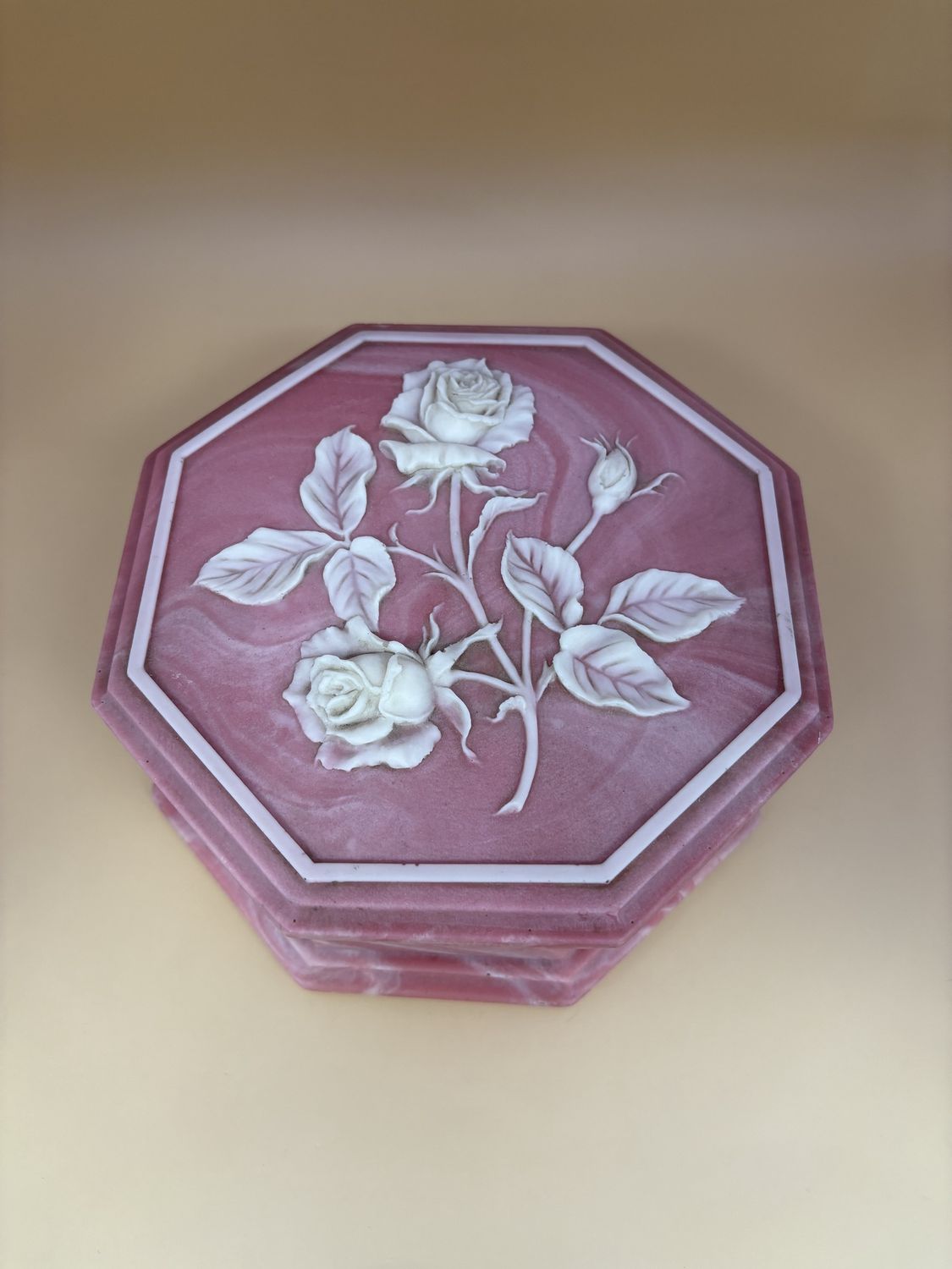 Music Box. USA. Design Gifts International. Soapstone Music Box w/Lid. Pink w/White Roses. 1974. 6.25&quot;W