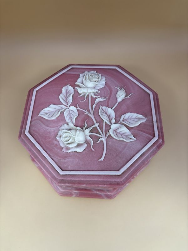 Music Box. USA. Design Gifts International. Soapstone Music Box w/Lid. Pink w/White Roses. 1974. 6.25&quot;W