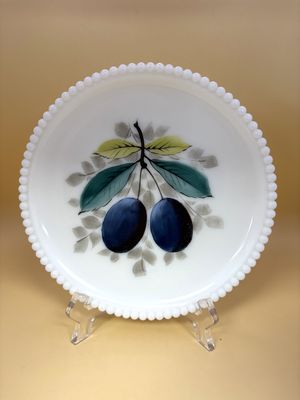 Glass. USA. Westmoreland. Plate. Beaded Edge with Hand Painted Plums. 1930s-1950s. 7.5"H