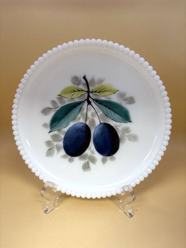 Glass. USA. Westmoreland Glass Company. Beaded Edge Plate with Hand Painted Plums. 1930s-1950s. 7.5&quot;H
