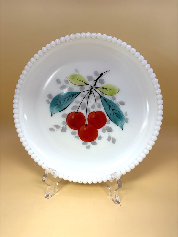 Glass. USA. Westmoreland Glass Company. Beaded Edge Plate with Hand Painted Cherries. 1930s-1950s. 7.5&quot;H