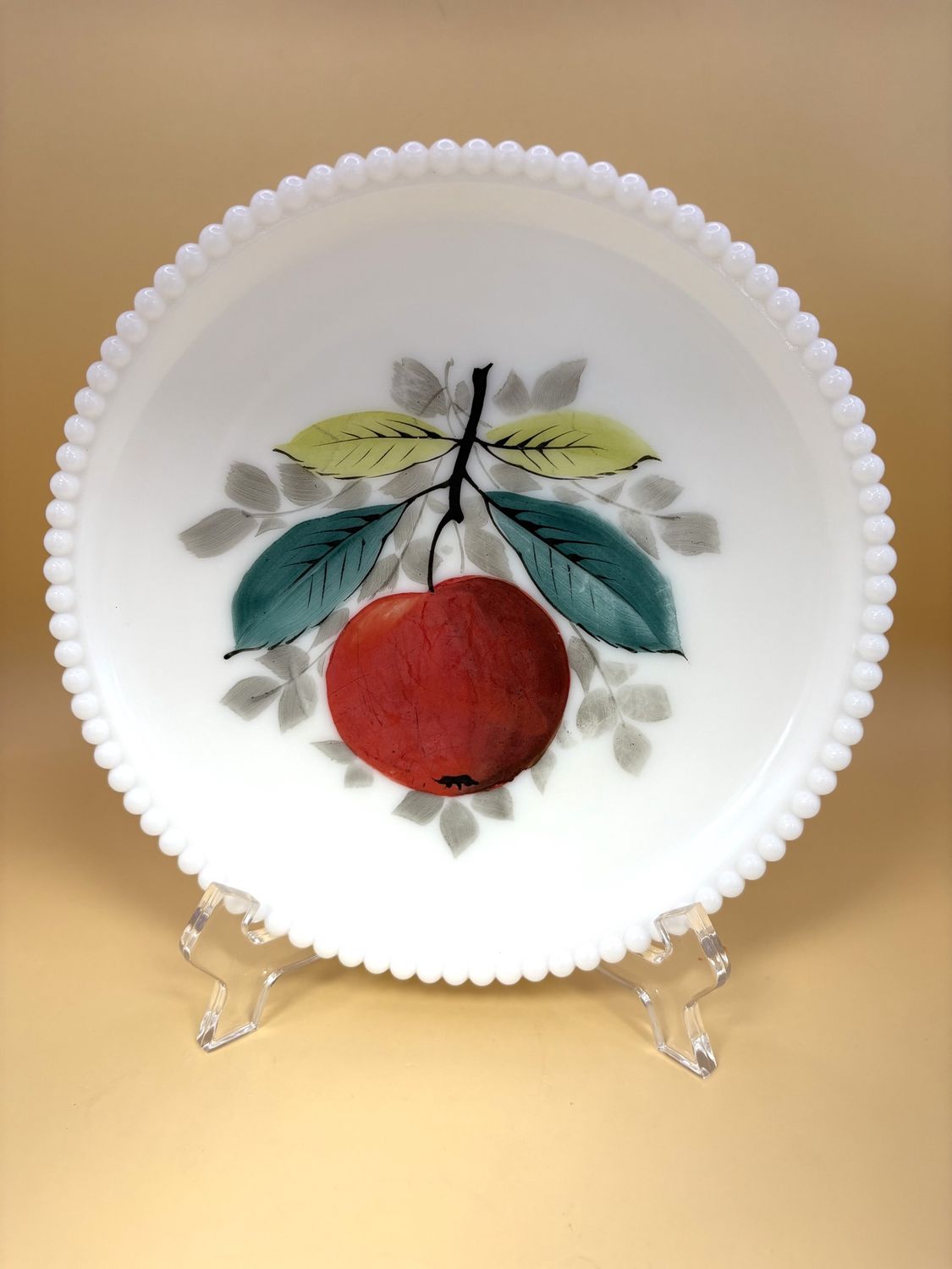 Glass. USA. Westmoreland Glass Company. Beaded Edge Plate with Hand Painted Apple. 1930s-1950s. 7.5&quot;H