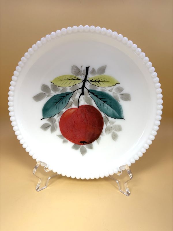 Glass. USA. Westmoreland Glass Company. Beaded Edge Plate with Hand Painted Apple. 1930s-1950s. 7.5&quot;H