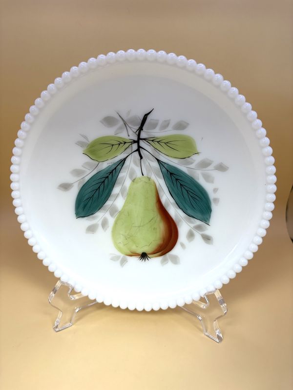 Glass. USA. Westmoreland Glass Company. Beaded Edge Plate with Hand Painted Pear. 1930s-1950s. 7.5&quot;H
