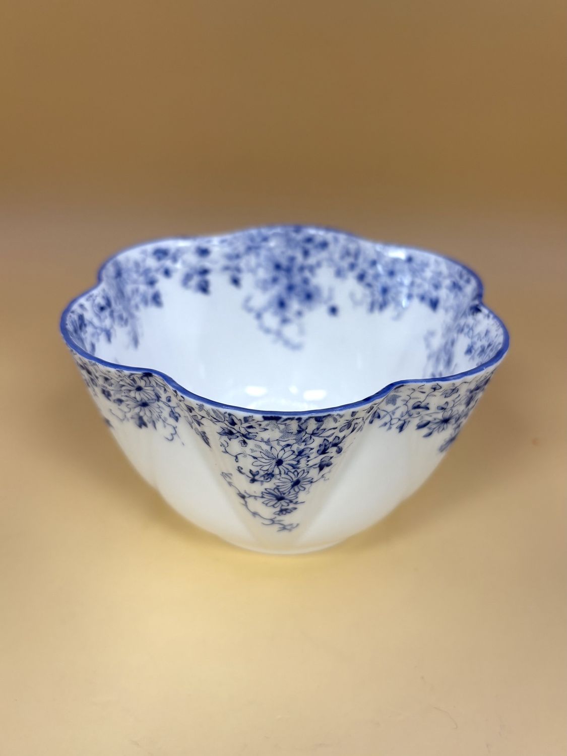 Porcelain. England. Shelley. Dainty Blue Sugar Bowl with Petal Shape &amp; Blue Floral Pattern. 1940-1966. 2.25&quot;H
