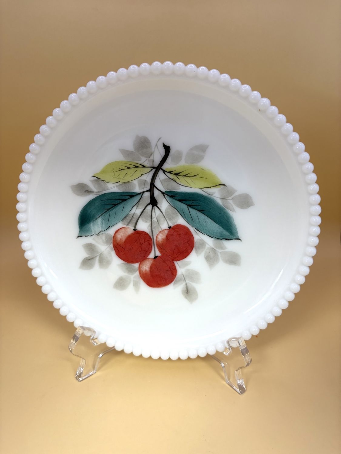Glass. USA. Westmoreland Glass Company. Beaded Edge Plate with Hand Painted Cherries (Bigger Leaves). 1930s-1950s. 7.5&quot;H