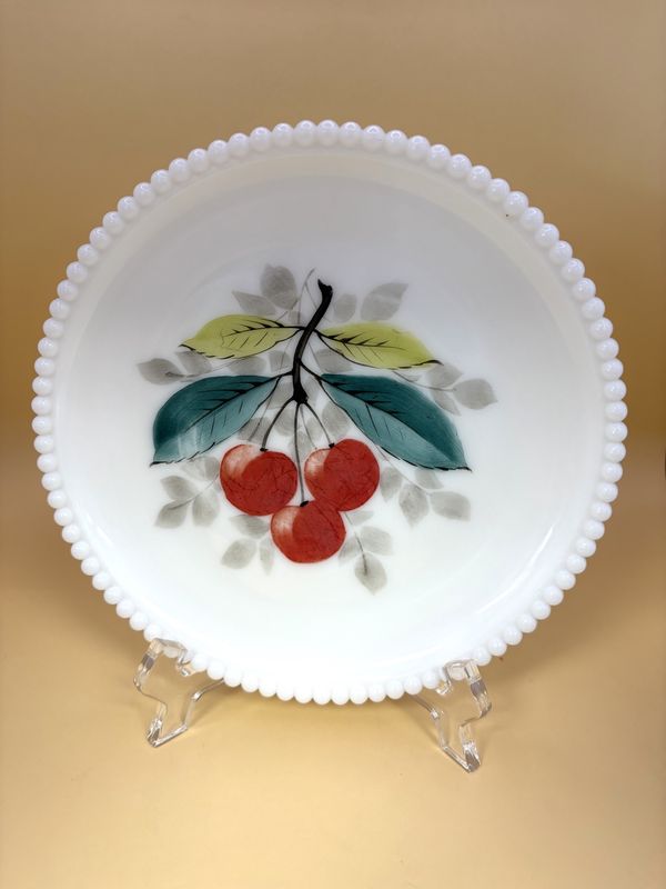 Glass. USA. Westmoreland Glass Company. Beaded Edge Plate with Hand Painted Cherries (Bigger Leaves). 1930s-1950s. 7.5&quot;H