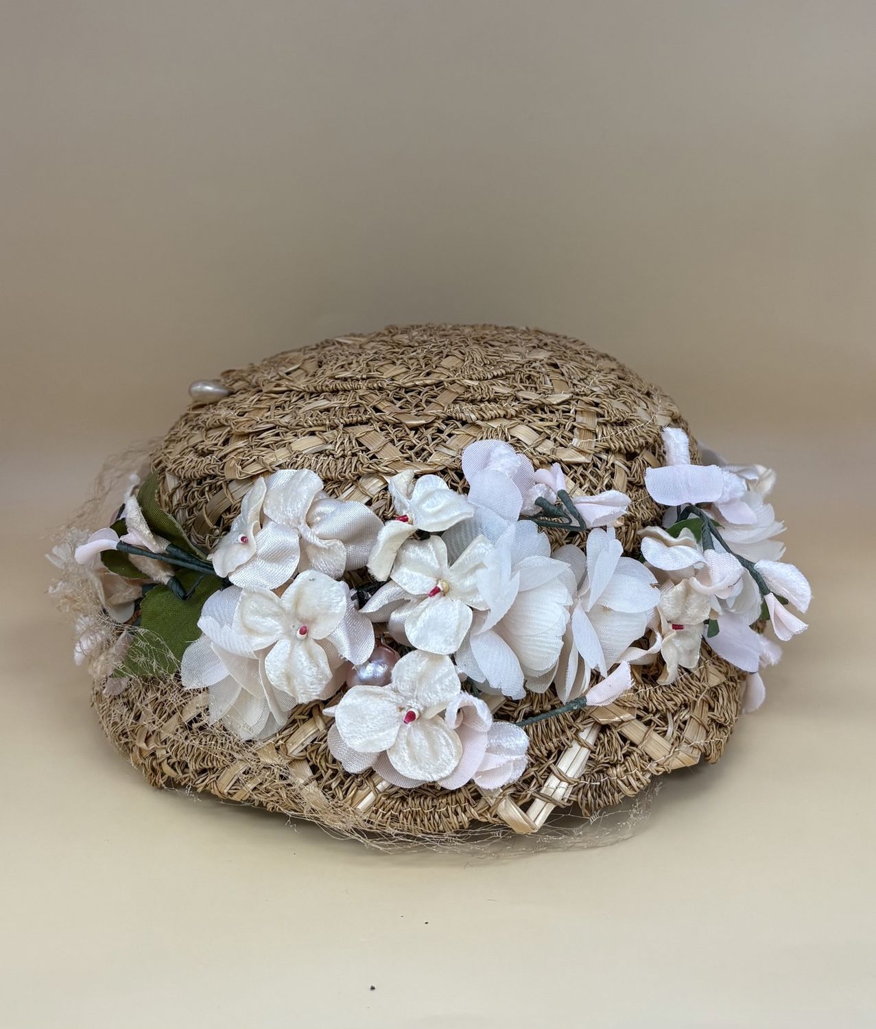 Hat. USA. Christine Original. Straw Hat w/ Pink Floral Embellishments