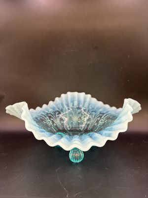 Glass. England. Northwood. Blue Glass Footed Ruffled Edge Bowl. 9.5"W