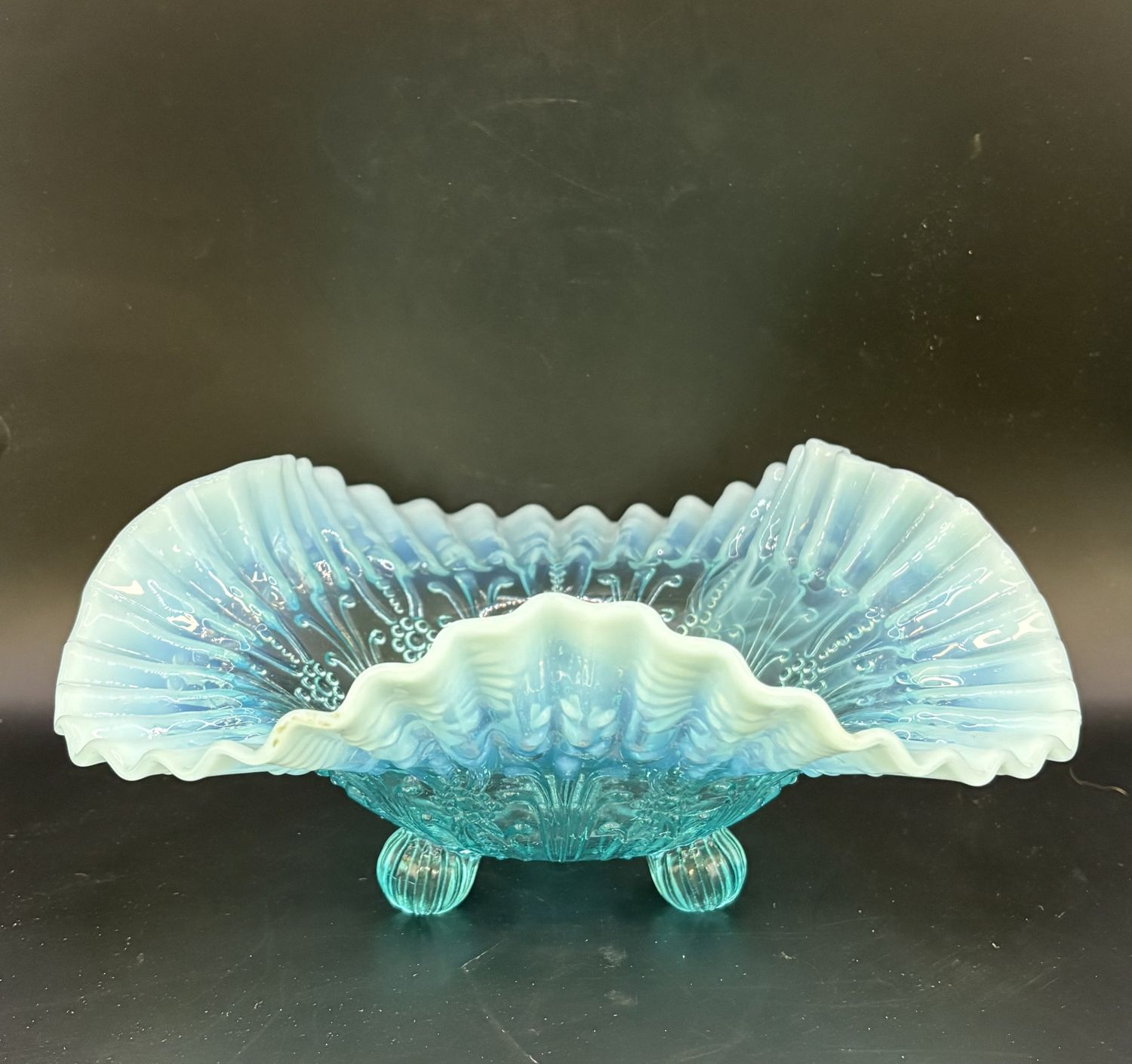 Glass. England. Northwood. Blue Glass Footed Ruffled Edge Bowl. 9.5&quot;W