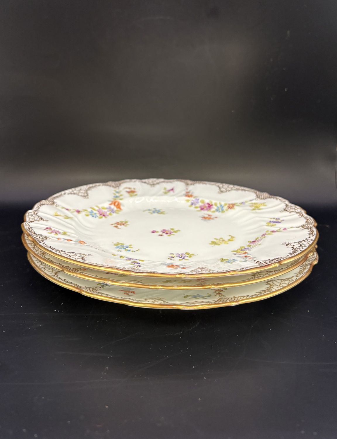 Porcelain. England. Charles and Co. Floral Salad Plates Gilded Border. Set of 3.  8&quot;W