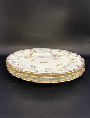 Porcelain. England. Charles and Co. Floral Salad Plates Gilded Border. Set of 3.  8"W