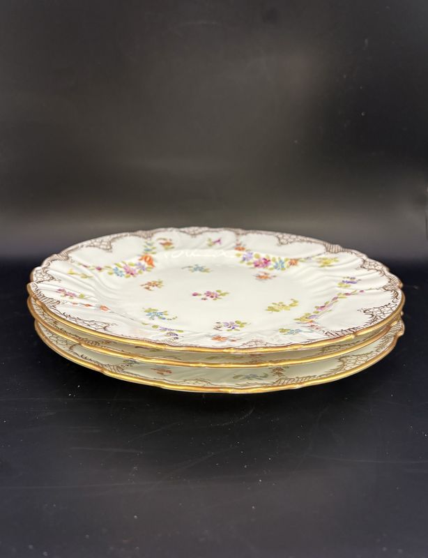 Porcelain. England. Charles and Co. Floral Salad Plates Gilded Border. Set of 3.  8&quot;W