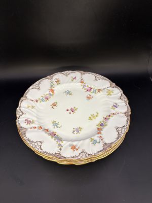 Porcelain. England. Charles and Co. Floral Salad Plates Gilded Border. Set of 3.  8"W