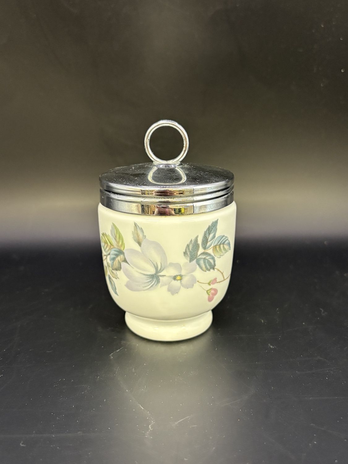 Porcelain. England. Royal Worchester. Egg Coddler. White w/Purple &amp; Yellow Flowers. 4&quot;H