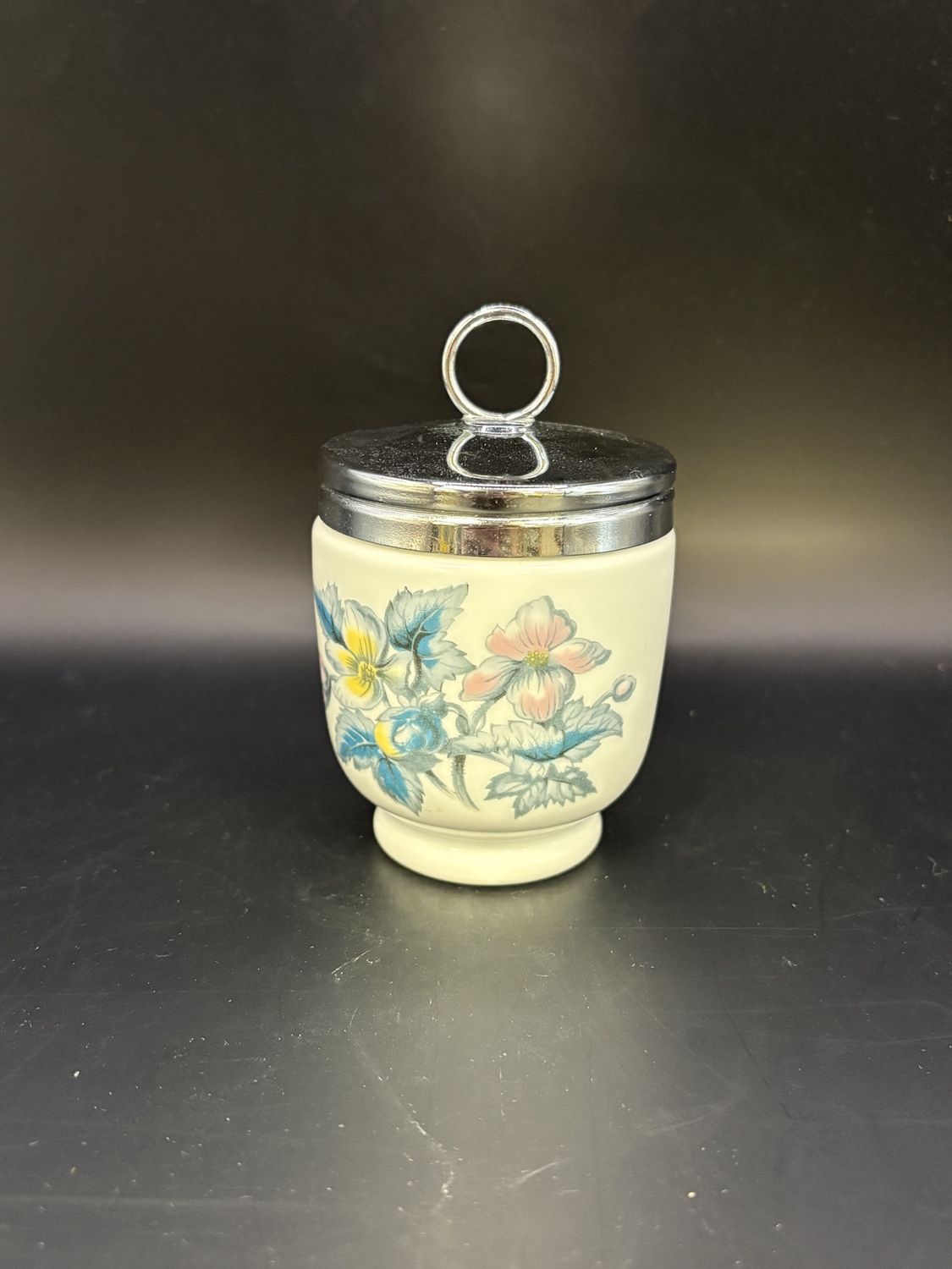 Porcelain. England. Royal Worchester. Egg Coddler. White w/Yellow and Pink Flowers and Blue Leaves. 4&quot;H