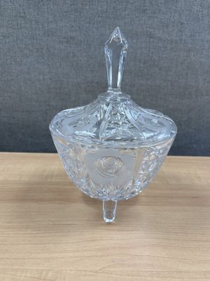 Crystal. Germany. Anna Hutte. Footed Candy Dish w/Lid. Clear w/Etched Rose Design. 6.5"W x 8.5"H