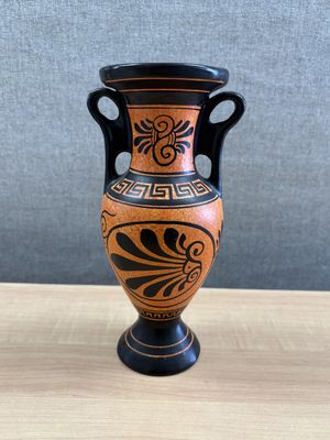 Ceramic. Greece. Vintage Terracotta Vase. Hand-painted Black &amp; Orange w/Greek Imagery. 8.75"H