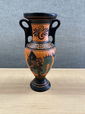 Ceramic. Greece. Vintage Terracotta Vase. Hand-painted Black &amp; Orange w/Greek Imagery. 8.75"H