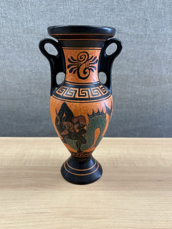 Ceramic. Greece. Vintage Terracotta Vase. Hand-painted Black &amp; Orange w/Greek Imagery. 8.75&quot;H