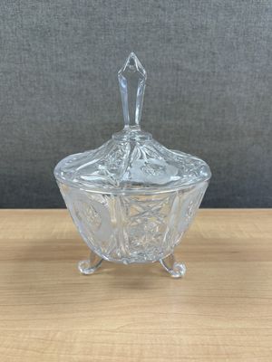 Crystal. Germany. Anna Hutte. Footed Candy Dish w/Lid. Clear w/Etched Rose Design. 6.5"W x 8.5"H