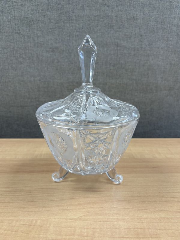 Crystal. Germany. Anna Hutte. Footed Candy Dish w/Lid. Clear w/Etched Rose Design. 6.5&quot;W x 8.5&quot;H