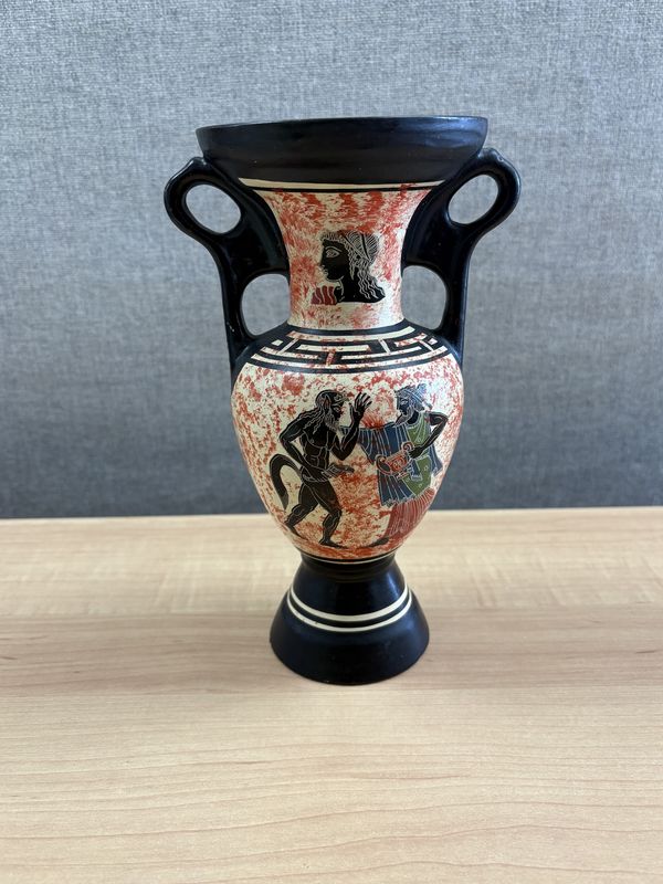 Ceramic. Greece. Vintage Terracotta Vase. Black w/ Orange Sponge-painting. 8.75&quot;H