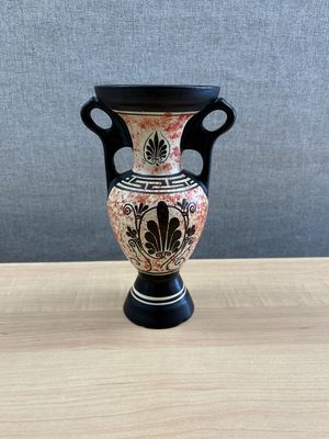 Ceramic. Greece. Vintage Terracotta Vase. Black w/ Orange Sponge-painting. 8.75"H