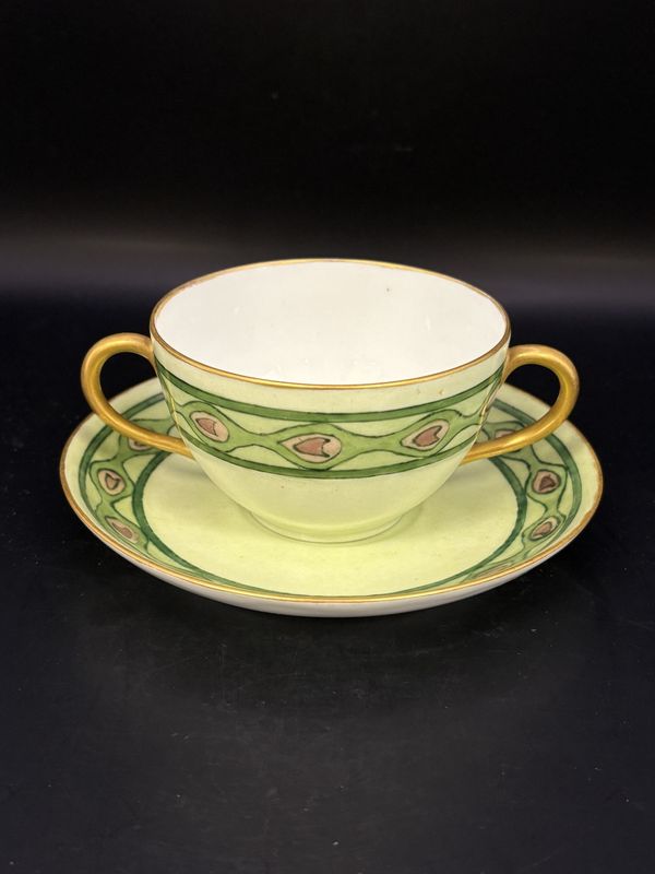 Porcelain. England. Two Handled Teacup and Saucer. Green. French.