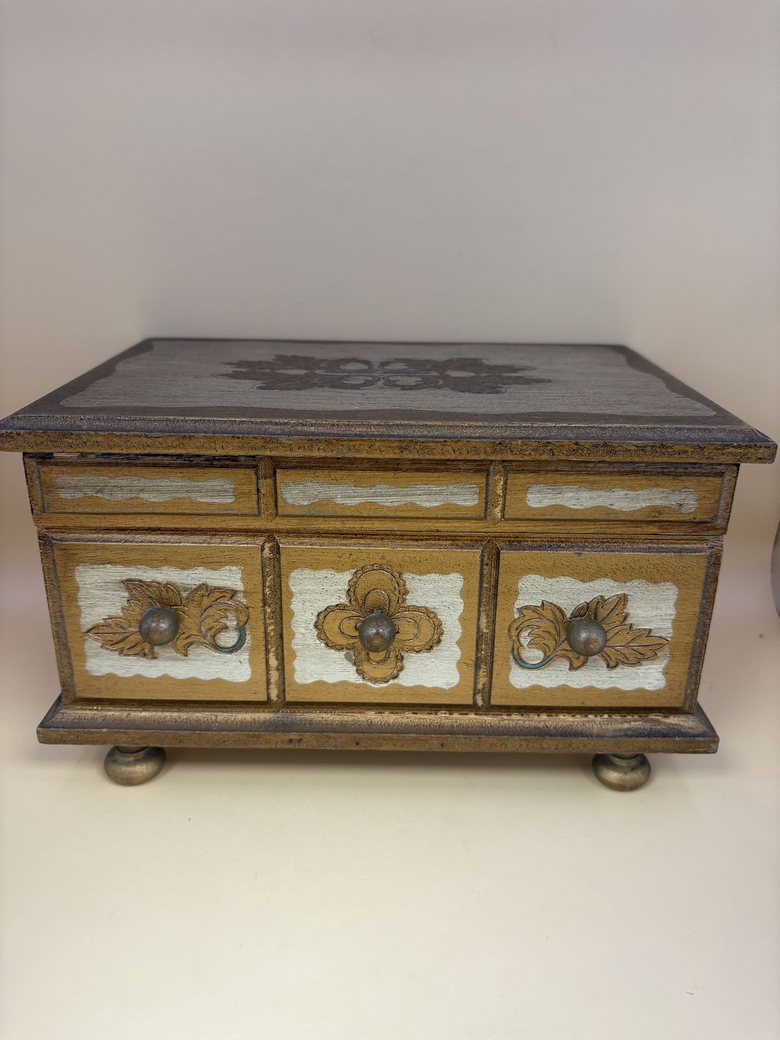 Jewelry/Music Box. Japan. Mid-century Musical Jewelry Box w/Gold Florentine Painting. Gold Velveteen Lining &amp; Mirror. 8.5&quot;W