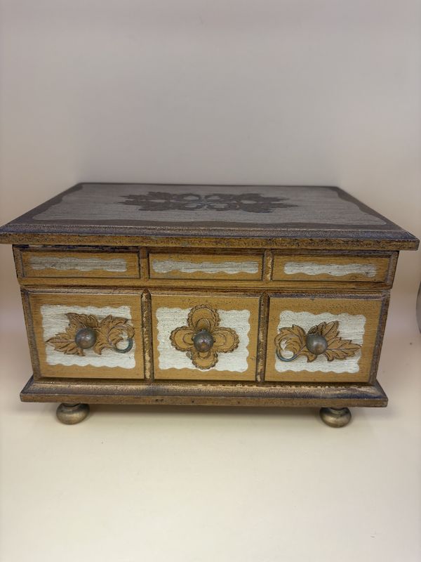 Jewelry/Music Box. Japan. Mid-century Musical Jewelry Box w/Gold Florentine Painting. Gold Velveteen Lining &amp; Mirror. 8.5&quot;W
