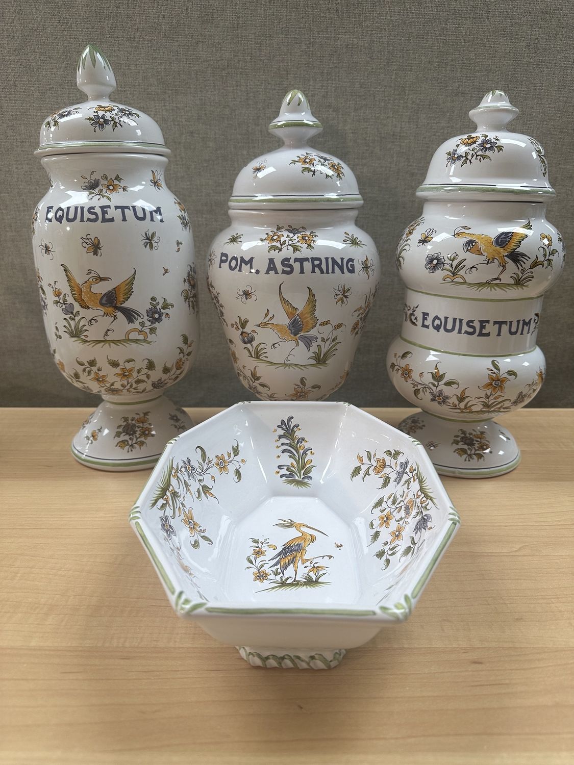 Kitchen Misc. France. Large Apothecary Jars (3) w/Lids + Open Dish. Ceramic. White w/Blue, Olive, &amp; Gold Flora &amp; Fauna. 13&quot;H