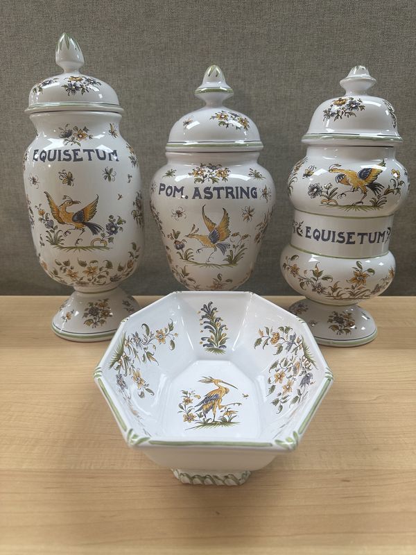 Kitchen Misc. France. Large Apothecary Jars (3) w/Lids + Open Dish. Ceramic. White w/Blue, Olive, &amp; Gold Flora &amp; Fauna. 13&quot;H