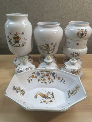 Kitchen Misc. France. Large Apothecary Jars (3) w/Lids + Open Dish. Ceramic. White w/Blue, Olive, &amp; Gold Flora &amp; Fauna. 13"H