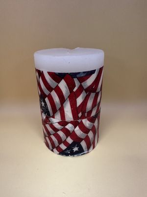 Home &amp; Bath. USA. Candle w/Flag Design. 6"H