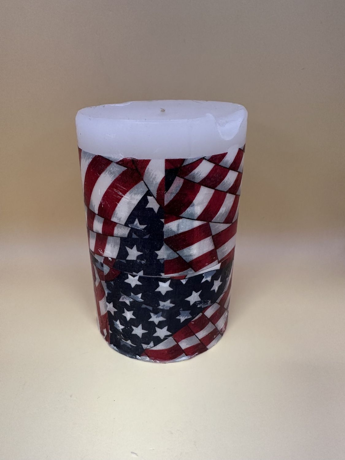 Home &amp; Bath. USA. Candle w/Flag Design. 6&quot;H