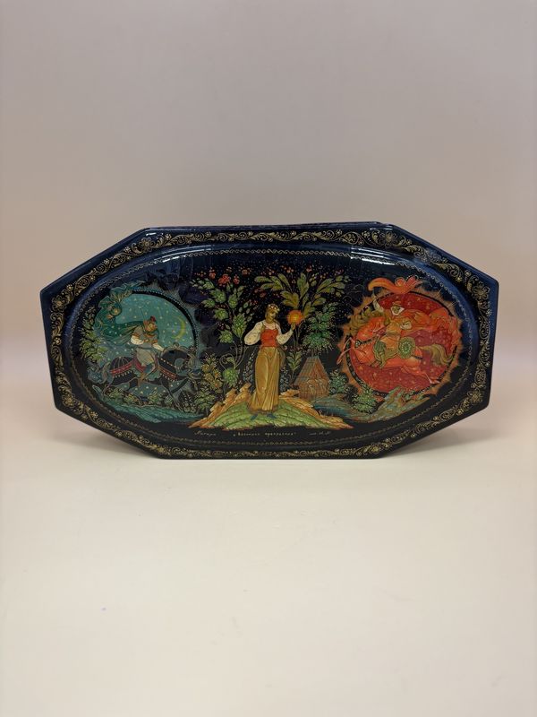 Wood. Russia. Lacquer Box w/Painted Scenes. Attached Lid. Red Interior. Long Octagon. 7.75&quot;W