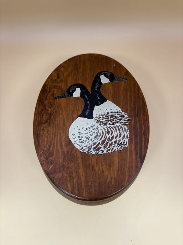 Wood. USA. Oval Lidded Box Painted w/Canada Geese. 4.75&quot;W x 6.75&quot;L