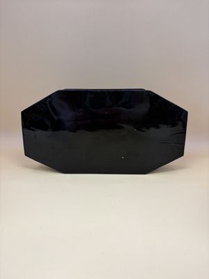 Wood. Russia. Lacquer Box w/Painted Scenes. Attached Lid. Red Interior. Long Octagon. 7.75"W