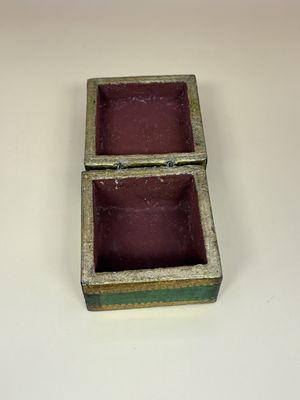 Wood. Italy. Trinket Box. Square. Hinged Top. Green and Gold. 2.5"W.