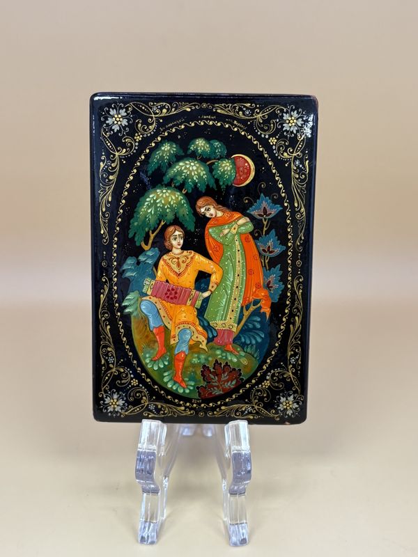 Wood. Russia. Lacquer Box w/ Painted Scenes. Attached Lid. Red interior. Small Rectangle. 3&quot;W