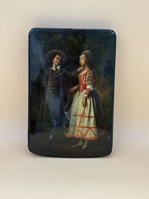 Wood. Russia. Lacquer Box w/ Dmytro H. Levystsky Painting on Lid. Two Women in Green and Red Dresses. Attached Lid. Red Interior. 3.5"W