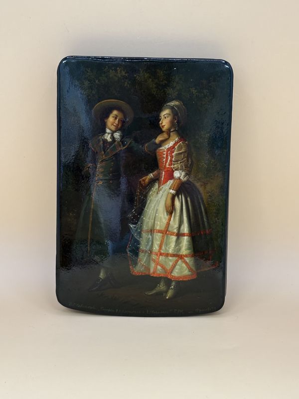 Wood. Russia. Lacquer Box w/ Dmytro H. Levystsky Painting on Lid. Two Women in Green and Red Dresses. Attached Lid. Red Interior. 3.5&quot;W