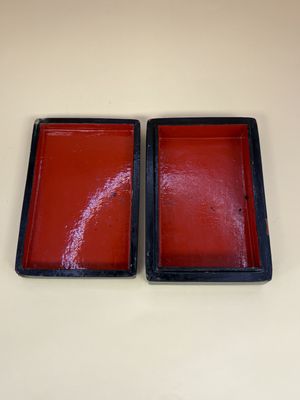 Wood. Russia. Lacquer Box w/ Painted Scenes. Attached Lid. Red interior. Small Rectangle. 3"W